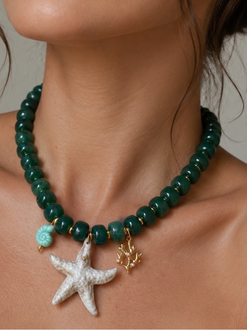 Green Beaded Starfish Charm Necklace - Summer Jewelry